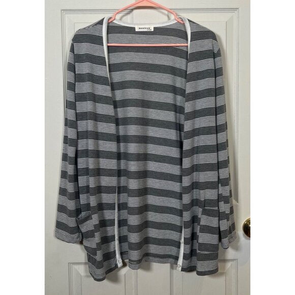 Monteau Lightweight Striped Open Front Cardigan Sweater Gray/White L - Picture 1 of 5